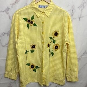 Vintage 90s Floral Embroidered Summer Sunflower Button Down Shirt Blouse - C34